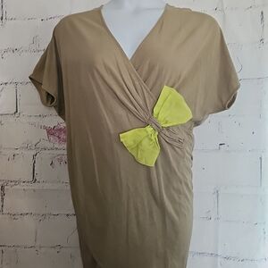 La Perla Brown wrap Tunic Dress size 12 US 42 ITALY Short Sleeve Green Bow Vneck